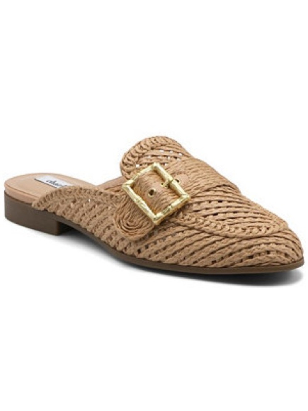 Charles David Tan Woven Pointed Mule with Gold Buckle